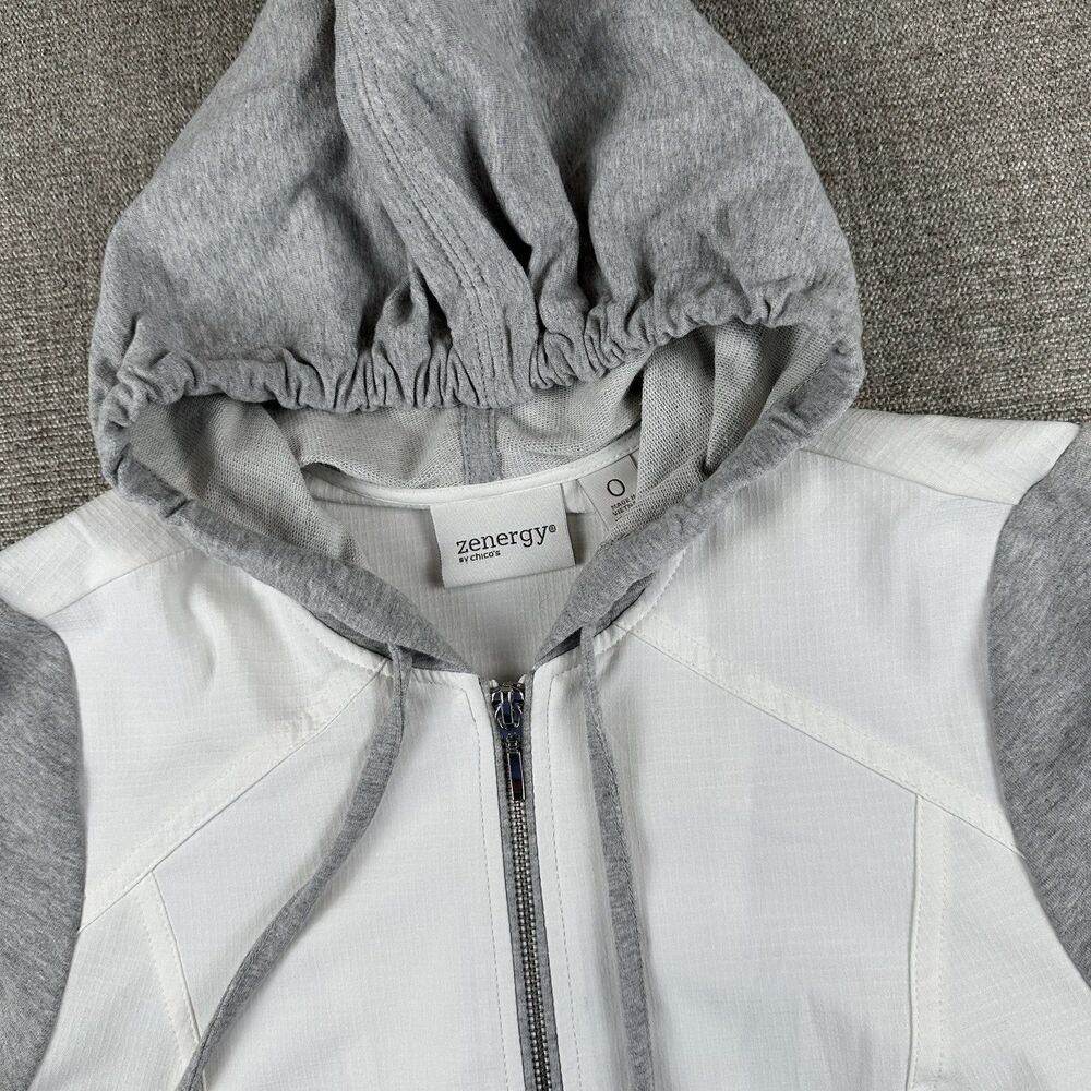 Chicos Zenergy Colorblock Full Zip Hoodie Jacket White Grey Athleisure US Small